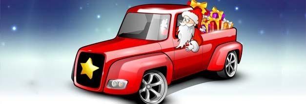 Santa claus is driving a red truck with gifts in the back.